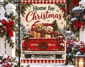 Personalized Pet Christmas Garden Flag: Custom Dog Name Vintage Red Truck Decor