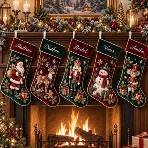 May include: Five dark green and deep red velvet Christmas stockings hanging in a row. Each stocking features a plush green cuff embroidered with a name: Madison, Nathan, Rachel, Victor, or Amelia. The bodies display festive holiday illustrations.