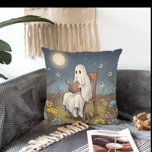 Whimsical Ghost Reading Book Pillow, Spooky Cottagecore Throw Pillow Cover, Dark Academia Halloween Decor, Book Lover Gift Cushion