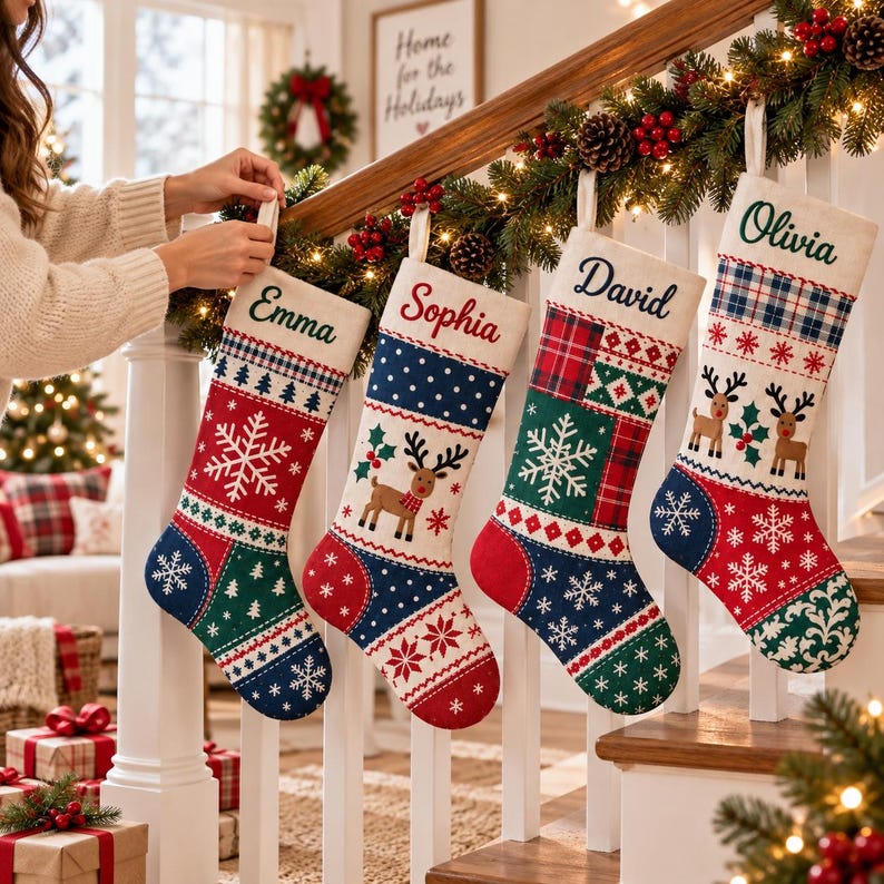 Pode incluir: Quatro meias de Natal personalizadas penduradas num corrim&atilde;o de escada de madeira branca. Cada meia apresenta um design de patchwork &uacute;nico com padr&otilde;es festivos, incluindo flocos de neve, renas e xadrez, com os nomes Emma, Sophia, David e Olivia bordados.
