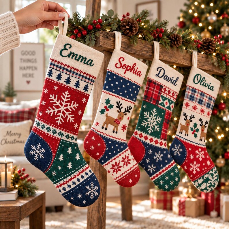 Pode incluir: Quatro meias de Natal personalizadas penduradas em fila. As meias apresentam padr&otilde;es festivos, incluindo flocos de neve, renas e xadrez em vermelho, verde e azul. Cada meia &eacute; bordada com um nome: Emma, Sophia, David e Olivia.