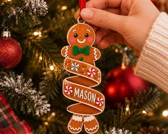 Personalized Gingerbread Ribbon Ornament: Custom Spiral Name Wood