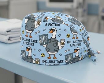 Funny Rad Tech Scrub Cap: Goose With X-Ray & Lead Vest, "IDK Just Take A Picture"