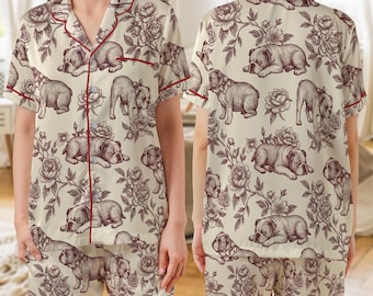 English Bulldog Pajama Set: Vintage Floral Toile Dog Print Sleepwear Shorts