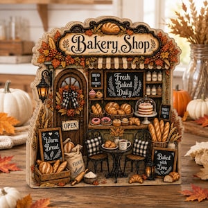 Vintage 2D Printed Rustic Fall Wooden Block: Autumn Bakery Shop Shelf Sitter