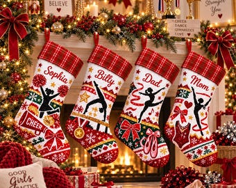 Personalized Sequin Christmas Stocking: Custom Name Dance Cheer Gymnastics Plaid Cuff