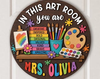 Personalized Art Teacher Round Wooden Sign: Custom 2-Layer Classroom Door Hanger