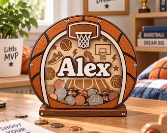 Personalized Basketball Piggy Bank: Custom Wooden Name Money Box