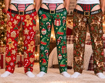 Personalized Ugly Christmas Pajama Pants: Custom Name Faux Underwear Lounge Bottoms