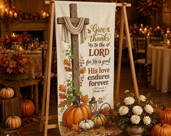 Thanksgiving Psalm 136 Linen Tapestry: Christian Cross Fall Pumpkin Sign