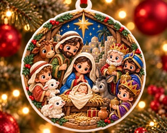 3D Relief Nativity Scene Christmas Ornament: Colorful Holy Family