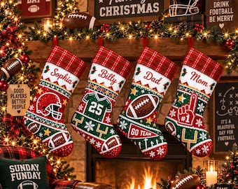 Personalized Sequin Christmas Stocking: Custom Name Football Theme Plaid Cuff
