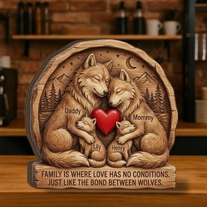 May include: Wooden family plaque featuring a carved wolf family with a red heart. The plaque includes the words "Daddy," "Mommy," "Lily," and "Henry." The base of the plaque reads: "FAMILY IS WHERE LOVE HAS NO CONDITIONS. JUST LIKE THE BOND BETWEEN WOLVES."