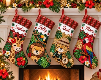 Personalized Sequin Christmas Stocking: Custom Name Safari Jungle Animals Plaid Cuff