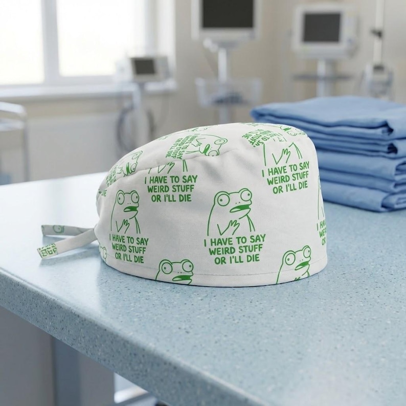 Funny Frog Scrub Cap: Say Weird Stuff Quote Meme Medical Hat image 1