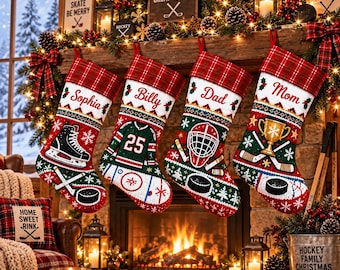Personalized Sequin Christmas Stocking: Custom Name Hockey Theme Plaid Cuff