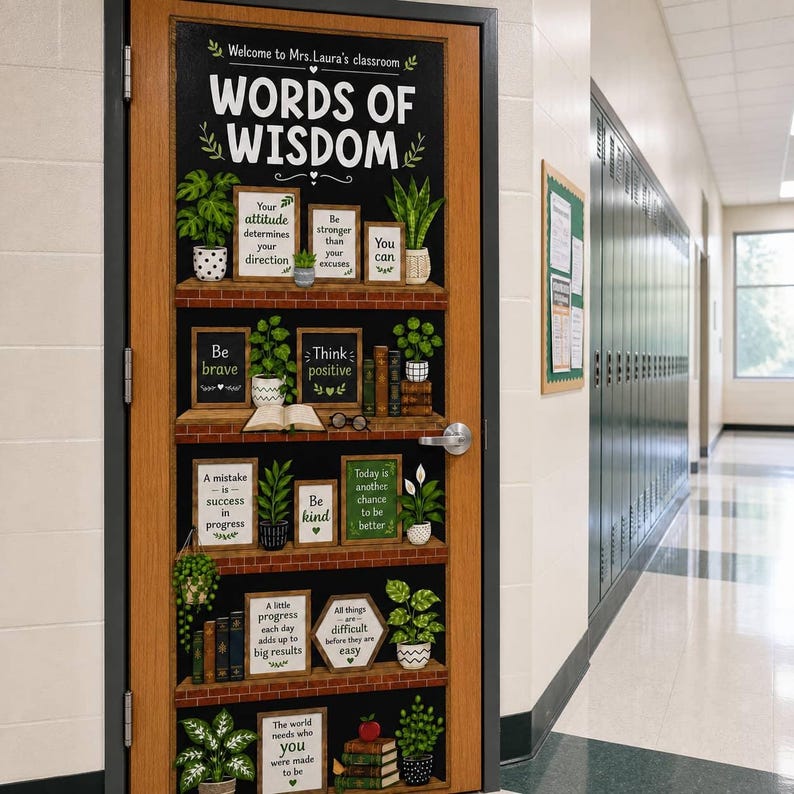 May include: A classroom door decorated with a black background and brown shelf graphics. The text reads "Welcome to Mrs. Laura's classroom" and "WORDS OF WISDOM." The shelves feature potted plants, books, and framed signs with motivational quotes.