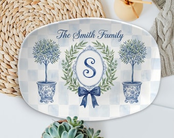 Personalized Family Name Platter: Blue Chinoiserie Plate Decor, Custom Monogram Housewarming Gift