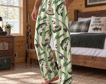 Personalized Fishing Pajama Pants: Custom Bass Pattern Lounge Bottoms