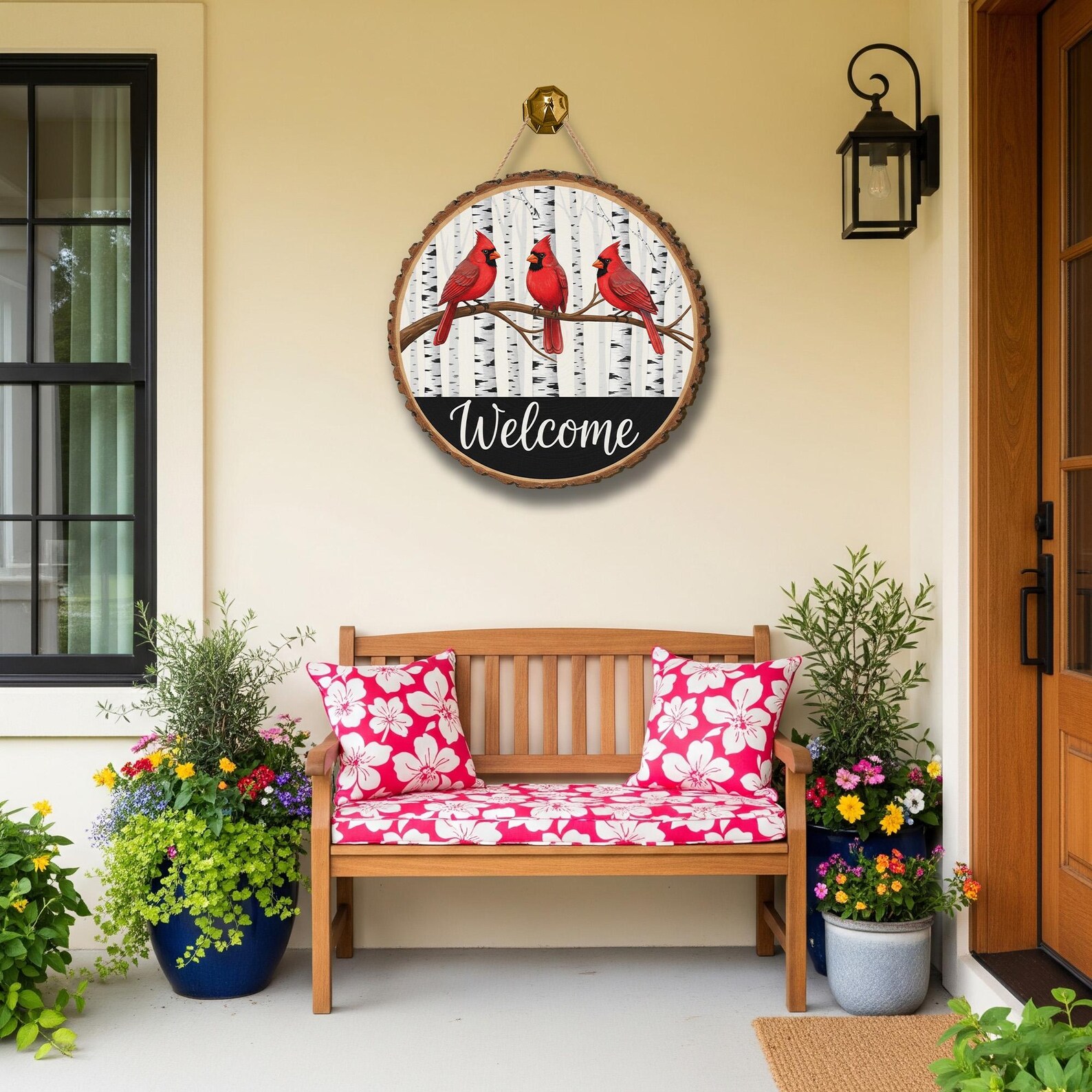 Cardinal Welcome Round Wooden Door Sign: Rustic Birch Tree Hanging ...