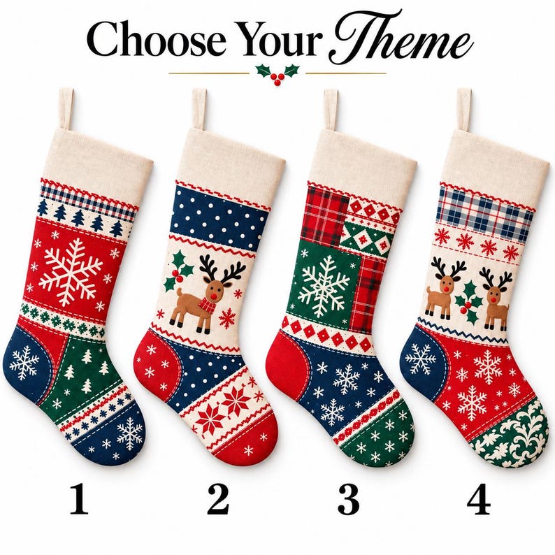 Pode incluir: Quatro meias de Natal numeradas de 1 a 4, com padr&otilde;es variados incluindo flocos de neve, renas, xadrez e azevinho. As meias t&ecirc;m um punho cor de creme e est&atilde;o decoradas com motivos festivos em vermelho, verde, azul e branco.