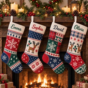 Personalized Patchwork Christmas Stocking Reindeer Snowflake Plaid Mantel Decor