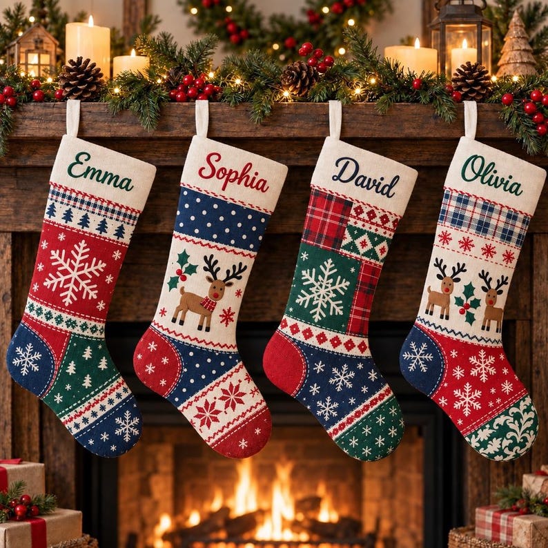 Pode incluir: Quatro meias de Natal penduradas em fila, cada uma com um padr&atilde;o &uacute;nico de flocos de neve, renas, xadrez e formas geom&eacute;tricas em vermelho, verde e azul. As meias s&atilde;o personalizadas com os nomes Emma, Sophia, David e Olivia.