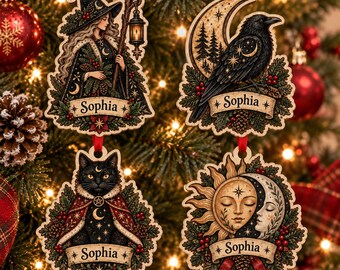 Personalized Dark Folk Yule Ornament: Custom Witch, Raven, Cat, Sun Moon