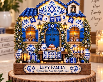 Personalized Hanukkah Wooden Block: Custom Family Name, Blue White Centerpiece