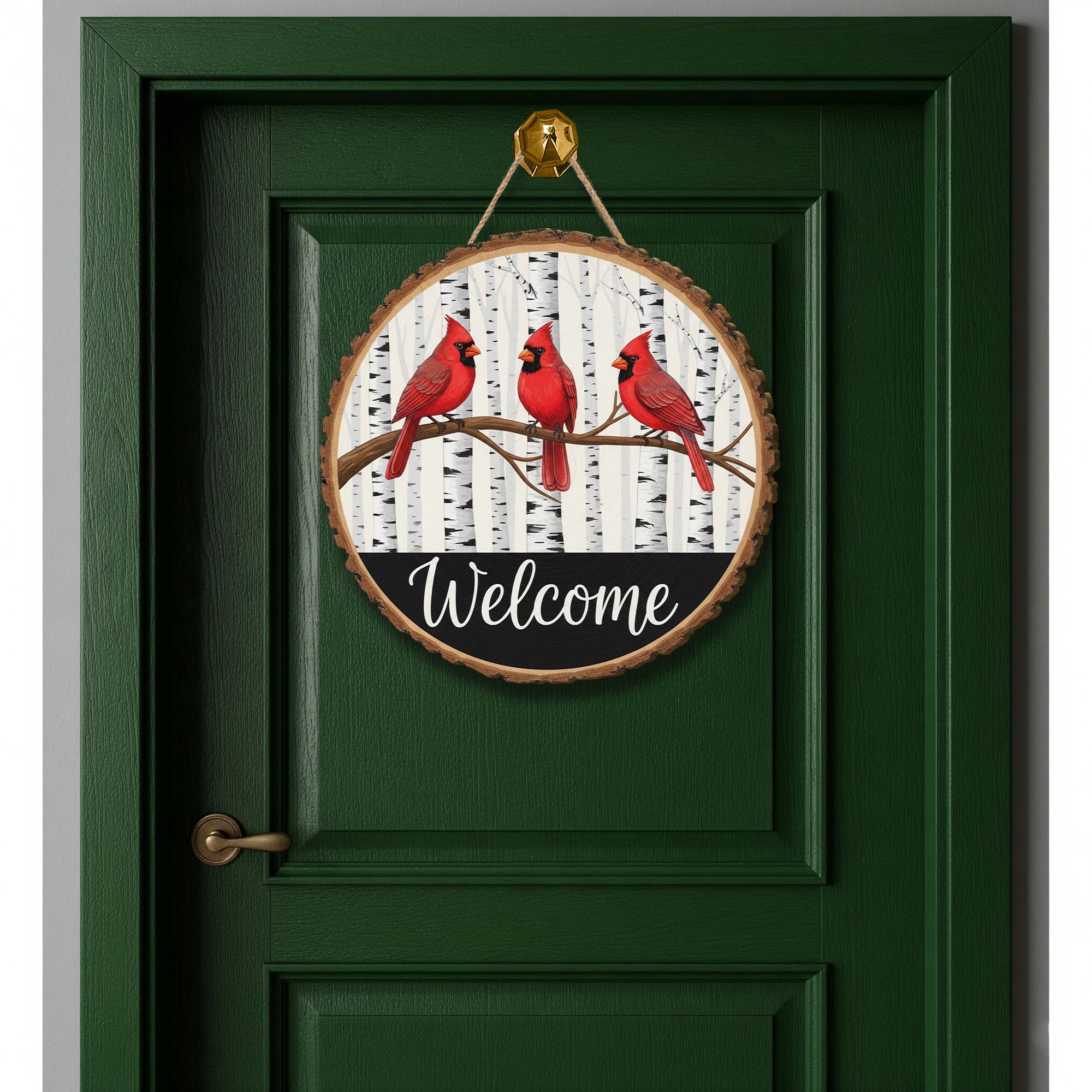 Cardinal Welcome Round Wooden Door Sign: Rustic Birch Tree Hanging ...