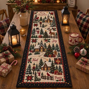 Peut inclure: Un chemin de table de Noël rectangulaire présentant une scène hivernale matelassée avec des maisons enneigées, des sapins, des bonhommes de neige, des rennes et des cadeaux. Le tissu porte les inscriptions Merry Christmas, Joy, Noel et Peace.