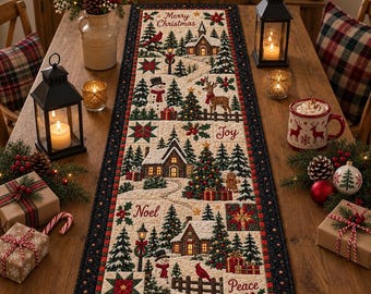 Quilted Christmas Table Runner: Winter Village Patchwork Dining Decor