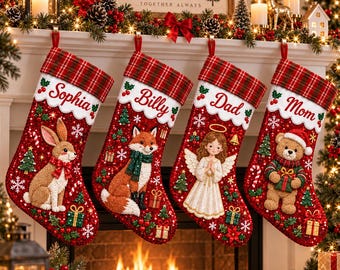 Personalized Sequin Christmas Stocking: Custom Name Applique Plaid Cuff