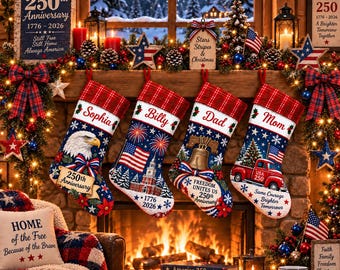 Personalized Sequin Christmas Stocking: Custom Name Patriotic USA 250th Plaid Cuff