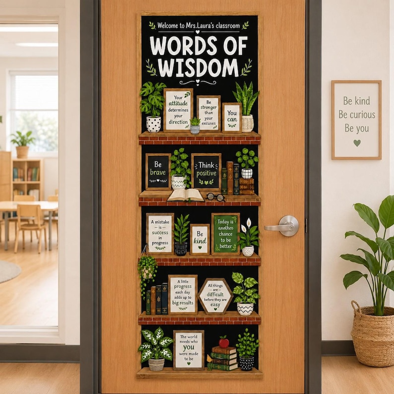 May include: A door decal featuring a black background with five wooden shelves displaying potted plants, books, and framed signs with motivational quotes. The top text reads Welcome to Mrs. Laura's classroom and WORDS OF WISDOM in white lettering.