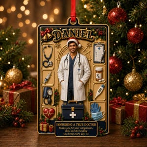 Puede incluir: Un adorno navideño rectangular con el nombre DANIEL en la parte superior. En el centro, un médico con bata blanca y gorro de Papá Noel está rodeado de iconos médicos como un estetoscopio, jeringa, tensiómetro y un maletín médico.