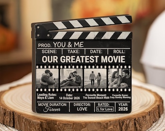 Personalized Wooden Clapperboard Sign: Custom Photo Film Strip, Engraved Couple Names, Date
