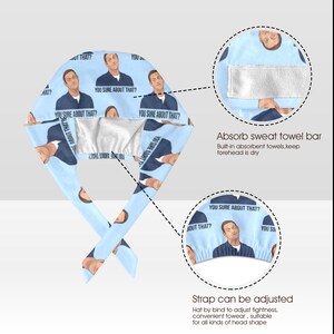 May include: A light blue scrub cap featuring a repeating pattern of a man in a dark blue shirt with the text YOU SURE ABOUT THAT? The cap includes an integrated white absorbent sweat band on the interior and adjustable tie straps for a secure fit.