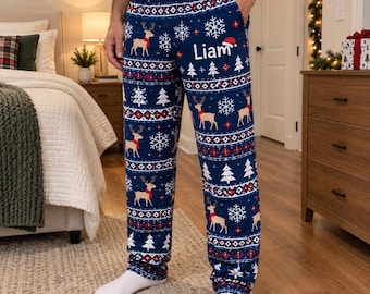 Personalized Blue Fair Isle Christmas Pajama Pants: Custom Name Reindeer Lounge Bottoms