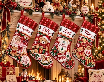 Personalized Baby's First Christmas Sequin Stocking: Custom Name Plaid Cuff, Teddy Bear