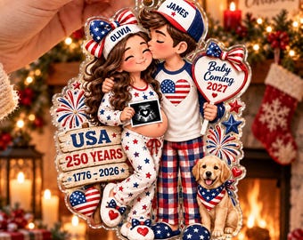 Personalized Patriotic Pregnancy Announcement Acrylic Ornament: Custom Expecting Couple, Dog