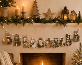 Woodland Creature Felt Garland: Christmas Mantel Decor, Multi-Animal Banner, Multi-Colored