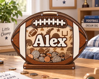 Personalized Football Piggy Bank: Custom Wooden Sports Money Box