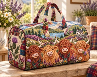 Highland Cow Quilted Duffel Bag: Tartan Plaid Scottish Thistle Travel Tote