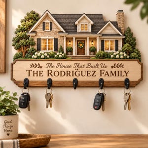 May include: A wall-mounted wooden key holder featuring a three-dimensional house model with stone and siding details. The sign displays the text The House That Built Us and THE RODRIGUEZ FAMILY. It includes five black metal hooks holding various keys.
