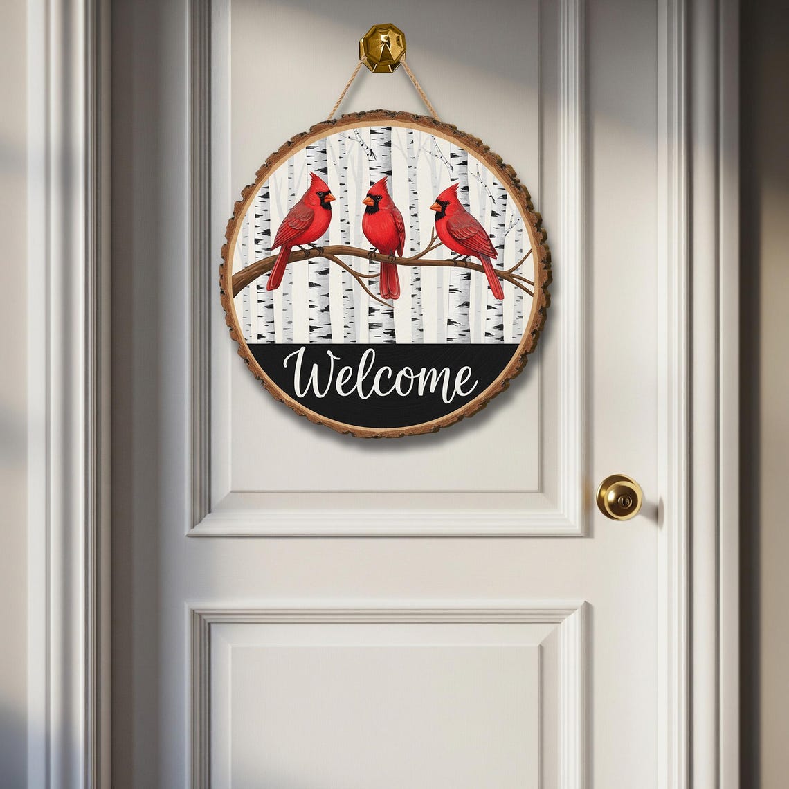 Cardinal Welcome Round Wooden Door Sign: Rustic Birch Tree Hanging ...