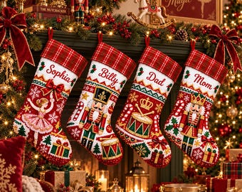 Personalized Sequin Christmas Stocking: Custom Name Nutcracker Ballet Plaid Cuff