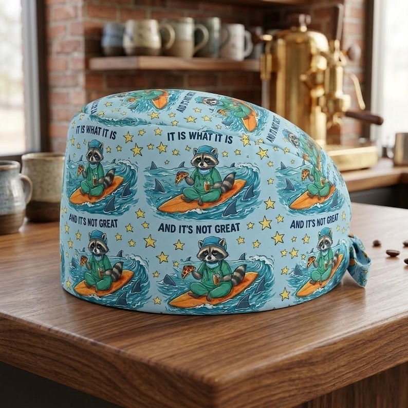 Puede incluir: Un gorro de quir&oacute;fano azul claro con un patr&oacute;n repetitivo de un mapache con uniforme m&eacute;dico, surfeando en una tabla naranja en olas con tiburones, rodeado de estrellas amarillas, con el texto IT IS WHAT IT IS AND IT'S NOT GREAT.