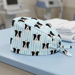 Personalized Pet Photo Scrub Cap: Custom Border Collie Blue Striped Cotton Surgical Hat