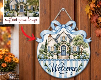 Personalized Custom House Photo Wooden Sign: Round Welcome Door Hanger